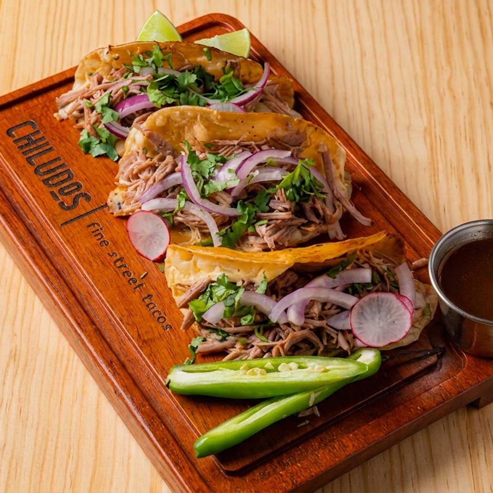 Three shredded-meat tacos topped with cilantro, onions, and radishes sit on a wooden board with lime, cucumber, and dipping sauce.